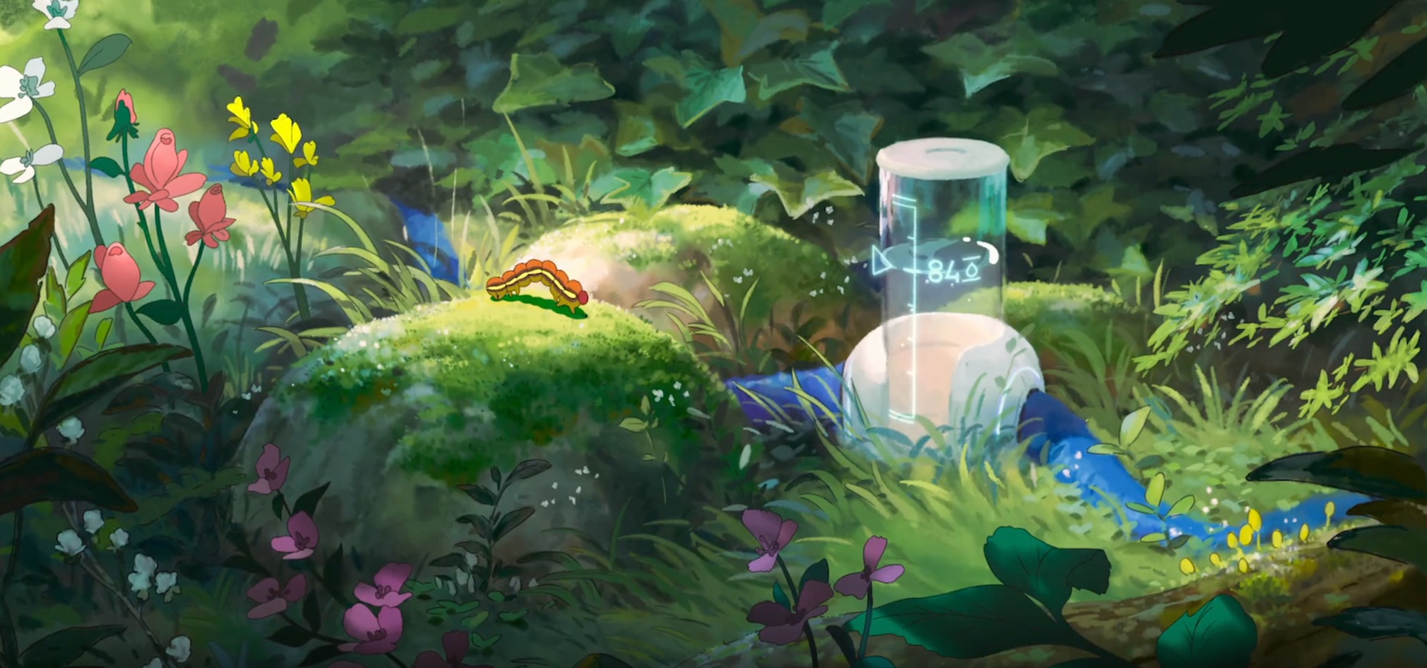 A glass specimen beaker reading 84° among mossy rocks, wildflowers and a caterpillar in a lush hand-painted forest