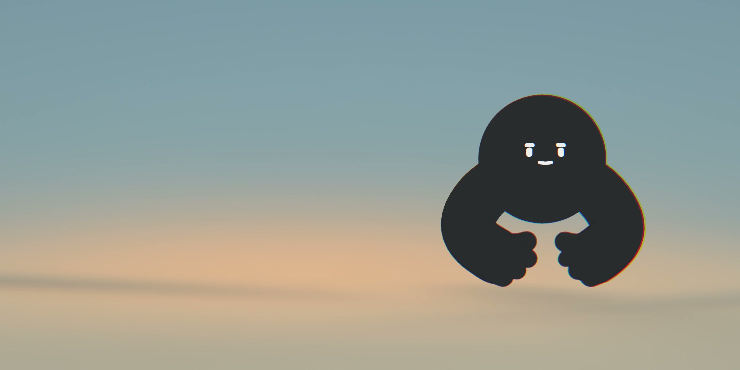 Orb, a charcoal character with expressive eyes and soft arms, floating in a blue and sandy landscape