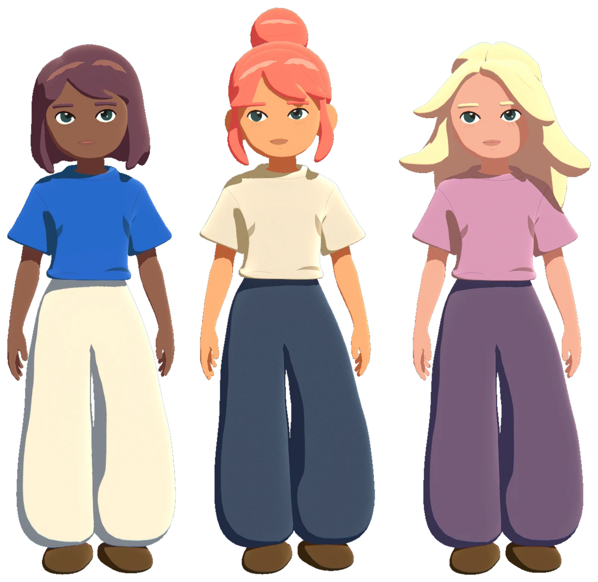 Three Kestral character variations with different hairstyles, skin tones and outfit colours