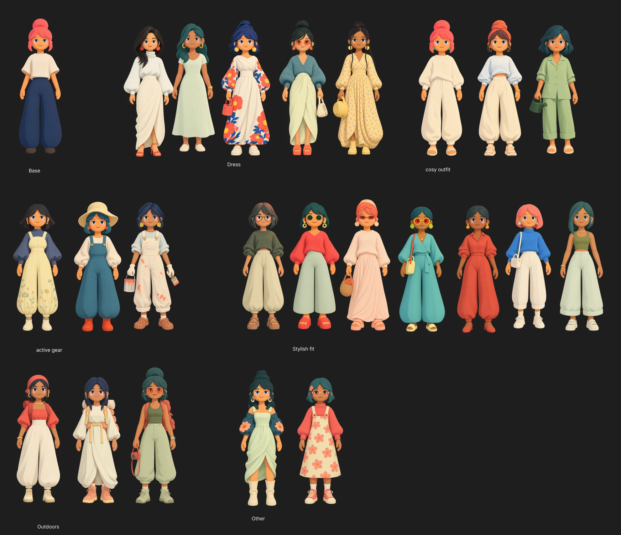 Kestral cosmetics exploration board comparing the base character with dresses, cosy outfits, activewear, styled separates and outdoor clothing, with varied hair and accessories