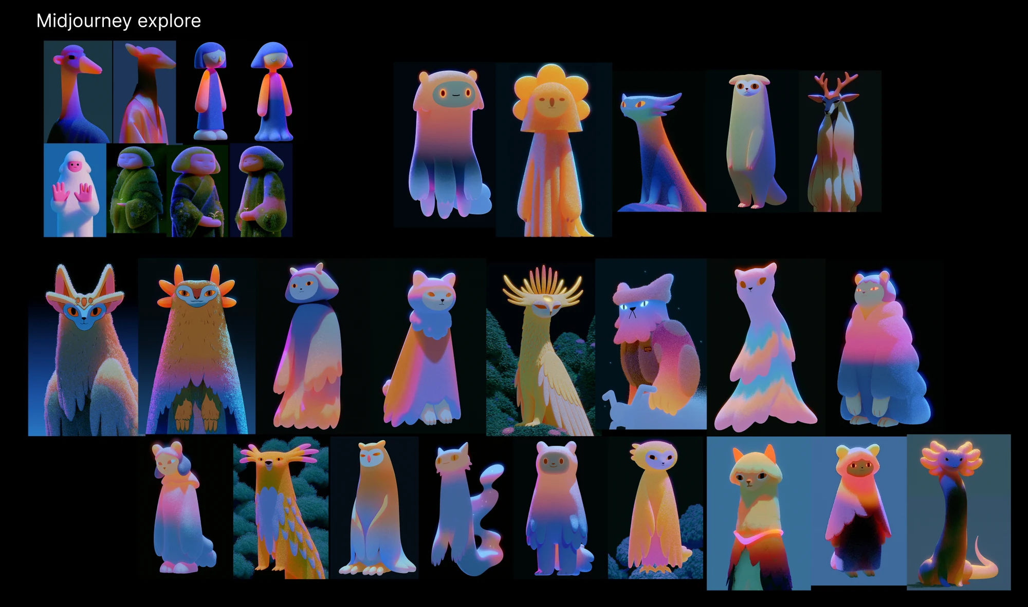 Early Kestral reference board of Midjourney-generated humanoid and animal-inspired character directions
