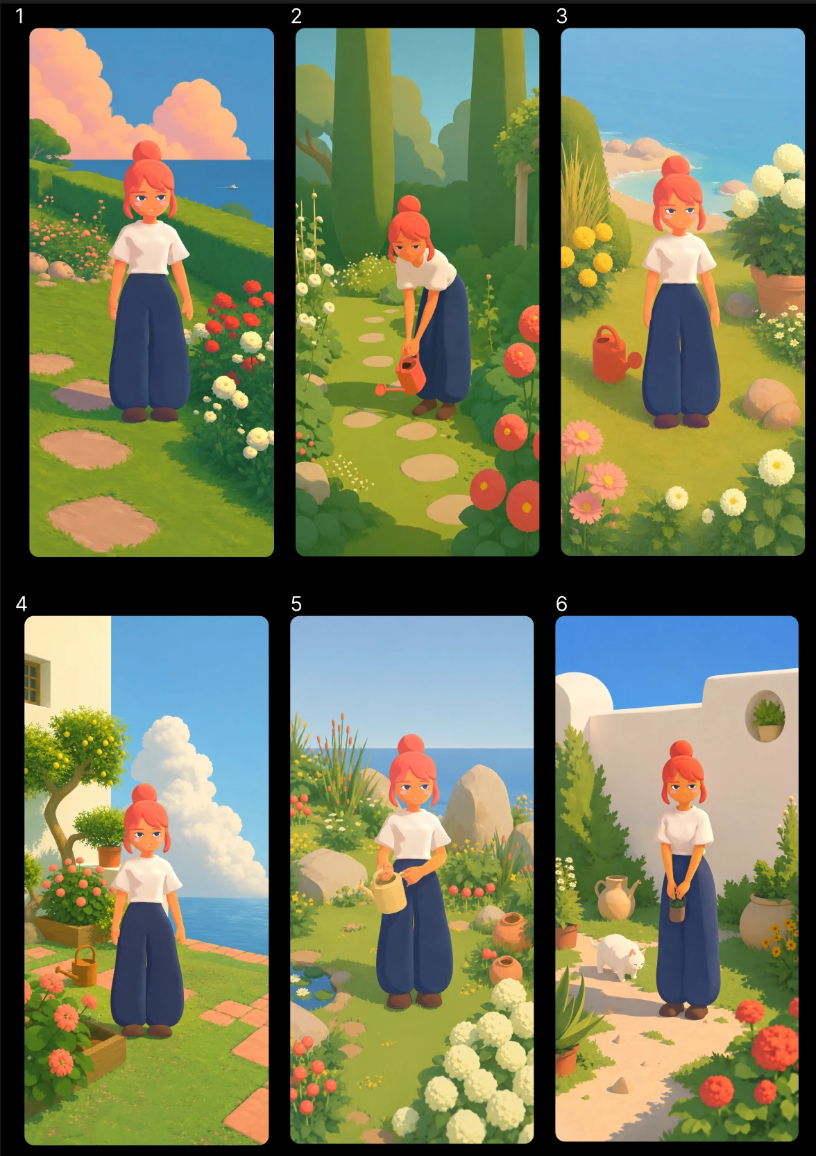Six Kestral environment concepts featuring flower gardens, a woodland path, coastal views and sunlit courtyards