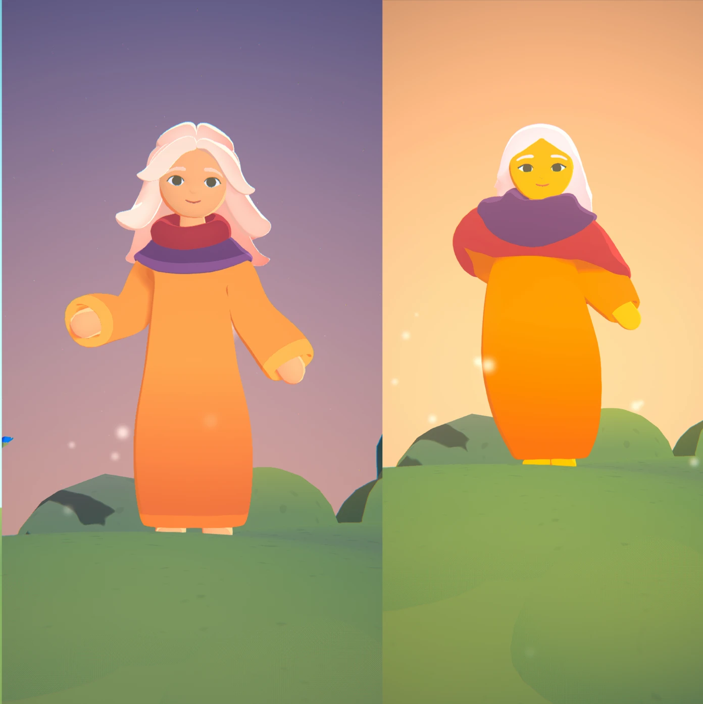 Two Mother Earth character prototypes in orange robes on the original Tolan planet