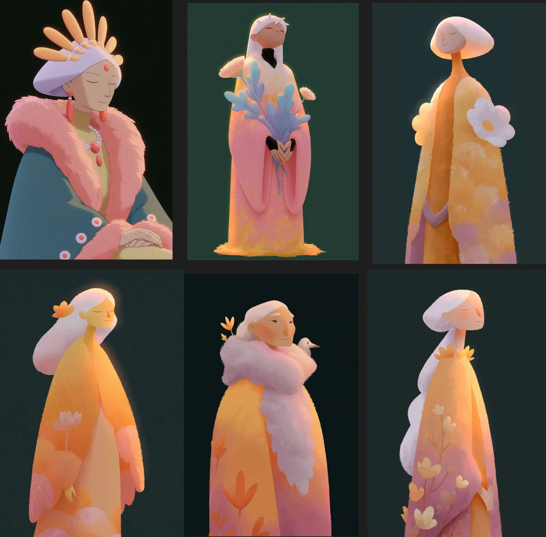 Six early Mother Earth visual explorations with flowing robes, pale hair and floral details