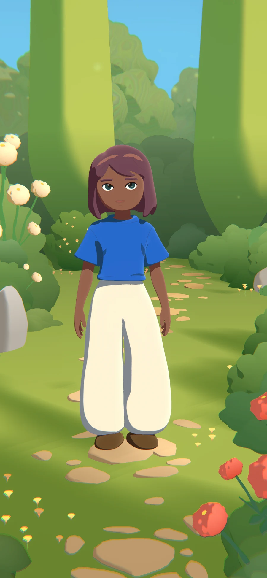 Shipped Kestral with a dark bob, blue top and cream trousers in the garden environment
