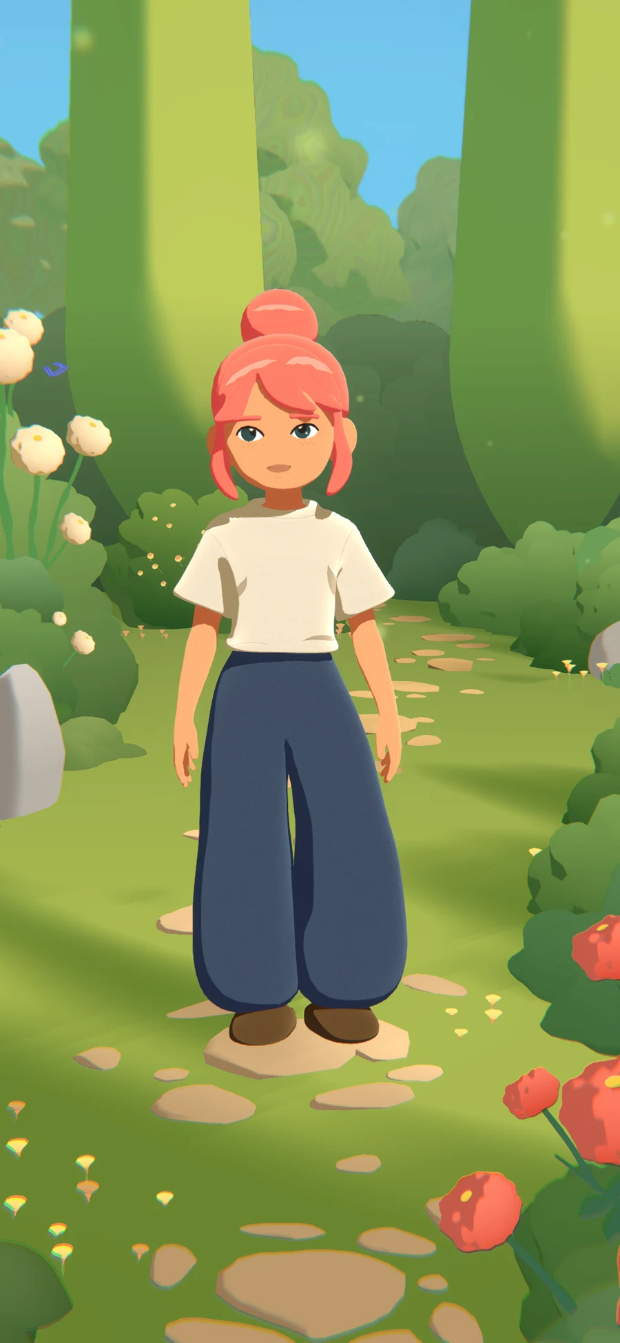 Shipped Kestral with a coral bun, cream top and navy trousers in the garden environment