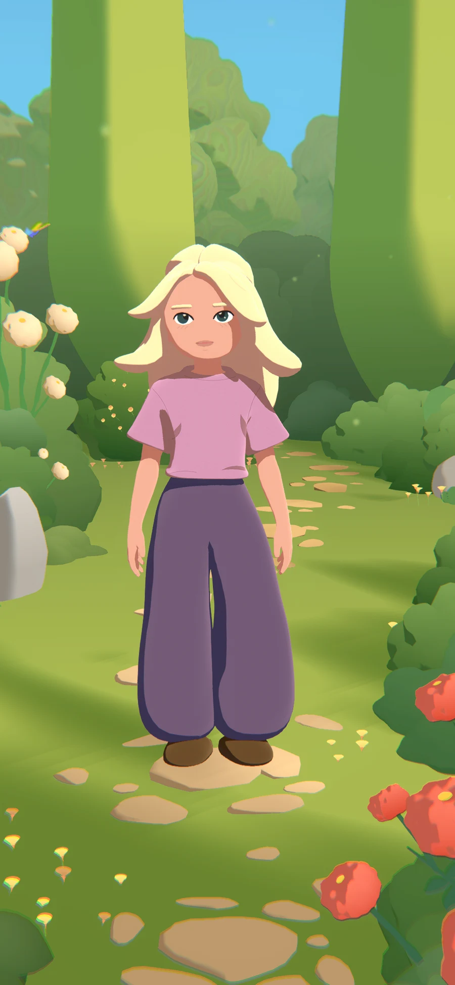 Shipped Kestral with blonde hair, a pink top and purple trousers in the garden environment