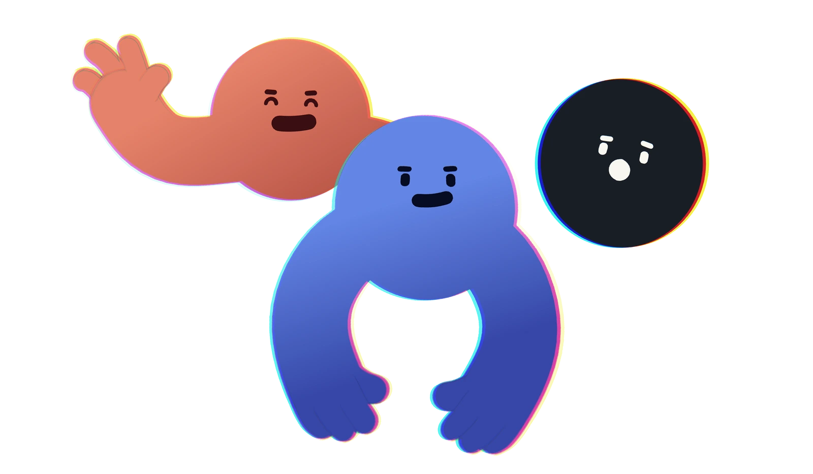 Coral, blue and charcoal Orb variations with expressive faces, a waving hand and long arms