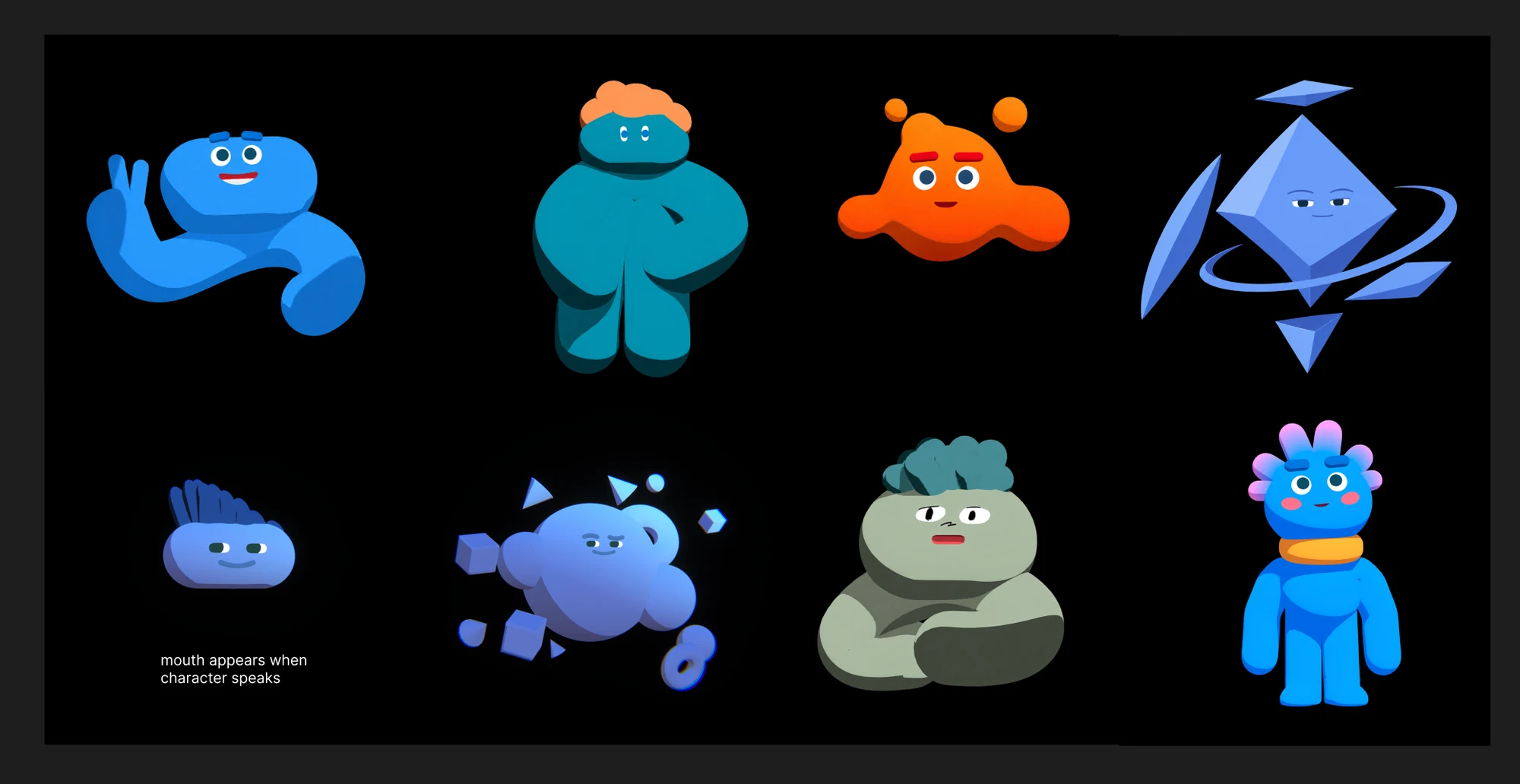 Eight early character directions, including rounded figures, floating faces and geometric forms