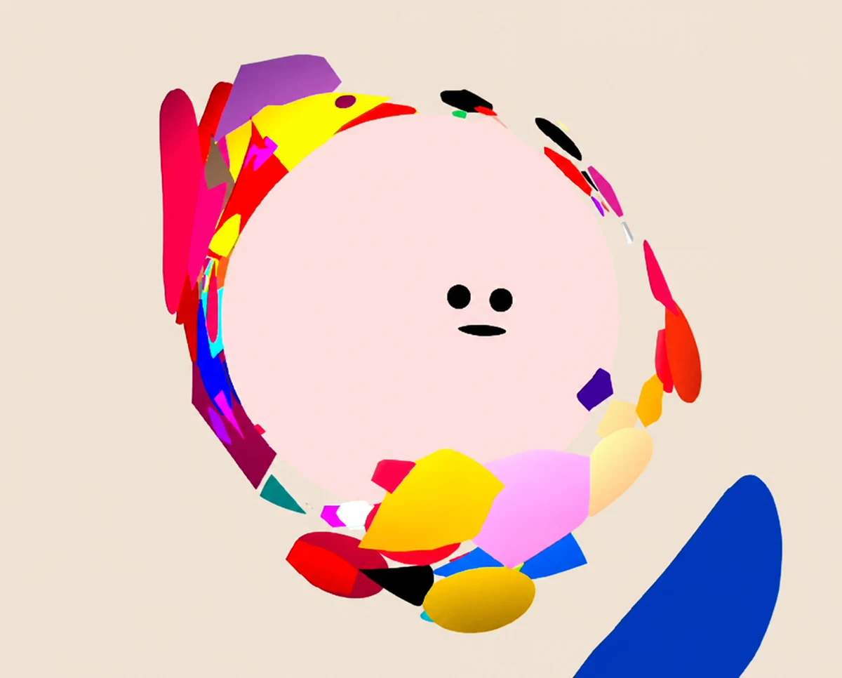 Pale pink face surrounded by colourful fragments