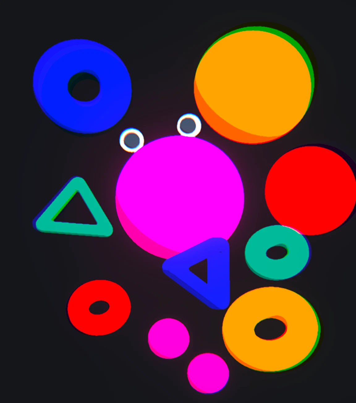 Magenta round character with floating circles, rings and triangles