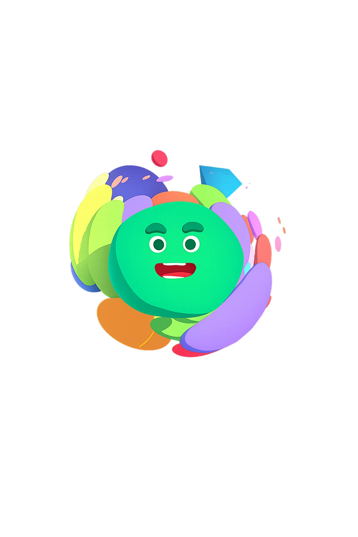 Green round character face surrounded by brightly coloured layered shapes