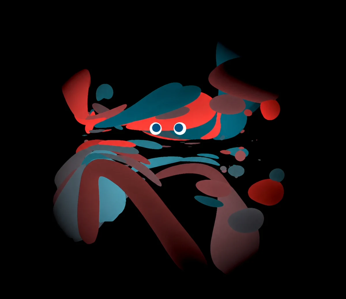Red and teal floating shapes forming an abstract character with eyes
