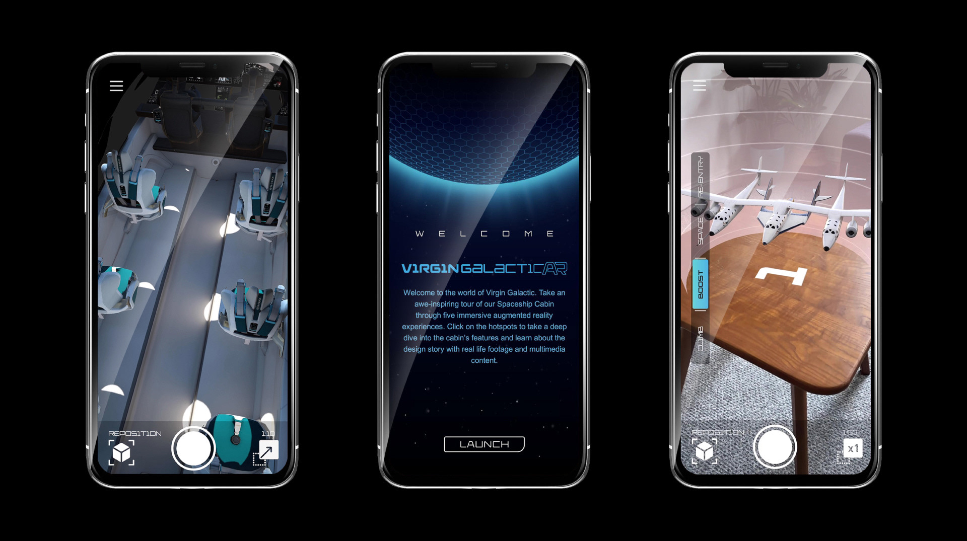 The VirginGalacticAR app across three phones — welcome screen, cabin tour, and spaceship model