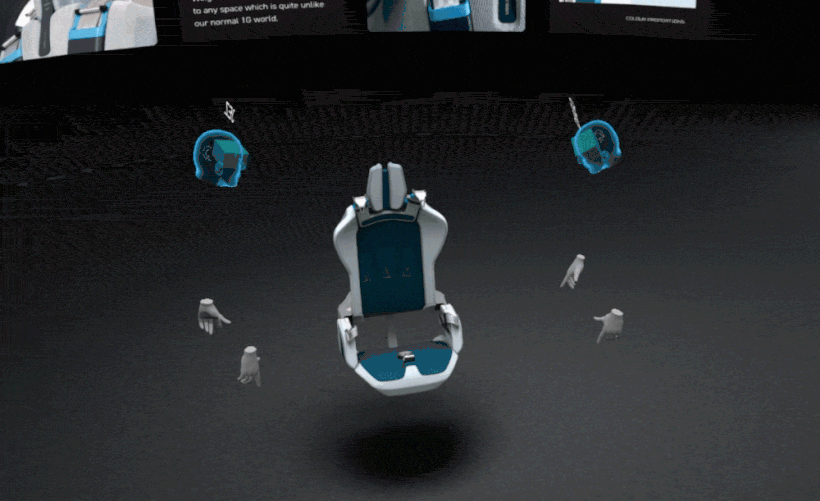 Animated AR breakdown of the cabin seat, with floating hands and holographic heads