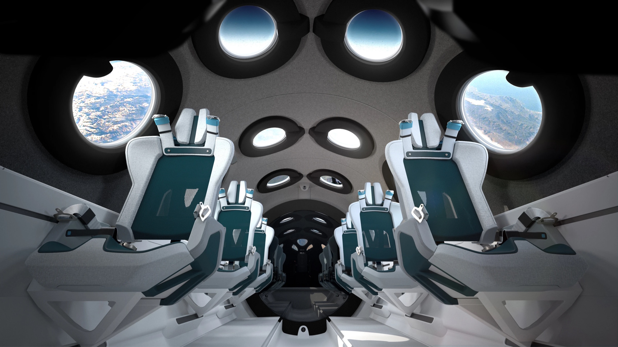 Virgin Galactic spaceship cabin — rows of seats beneath round windows looking down on Earth